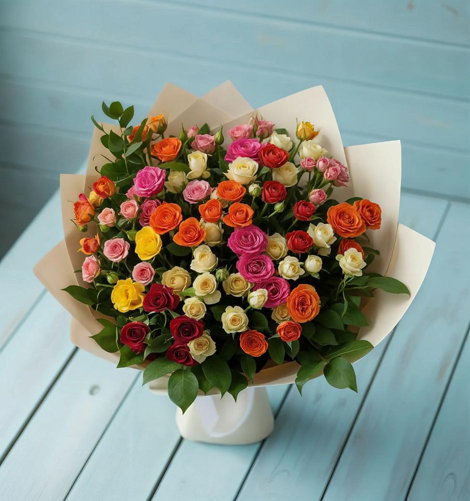 Букет Микс из разноцветных кустовых роз в Среднеколымске